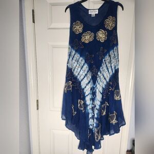 Jessica Taylor One Size Navy Blue  Sea Print Slvless Embroidered MidiBeach Dress